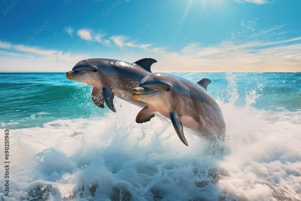 Obraz premium Dolphins jump out of the sea wave