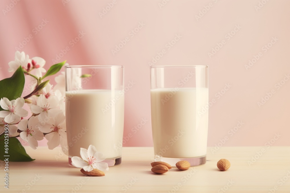 Two glasses filled with almond milk and flowers on white table, vegan diet, healthy eating concept. Two glasses filled with almond milk and flowers on white table, vegan diet, healthy eating concept.