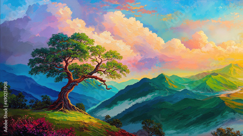 Painting of the tree of life growing on a hill with green grass and flowers with a view overlooking mountains and the beautiful morning dawn sunrise over the fertile valley.