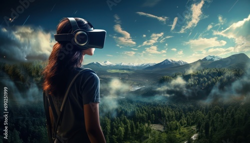 Woman Immersed in Virtual Reality Explores a Scenic Valley