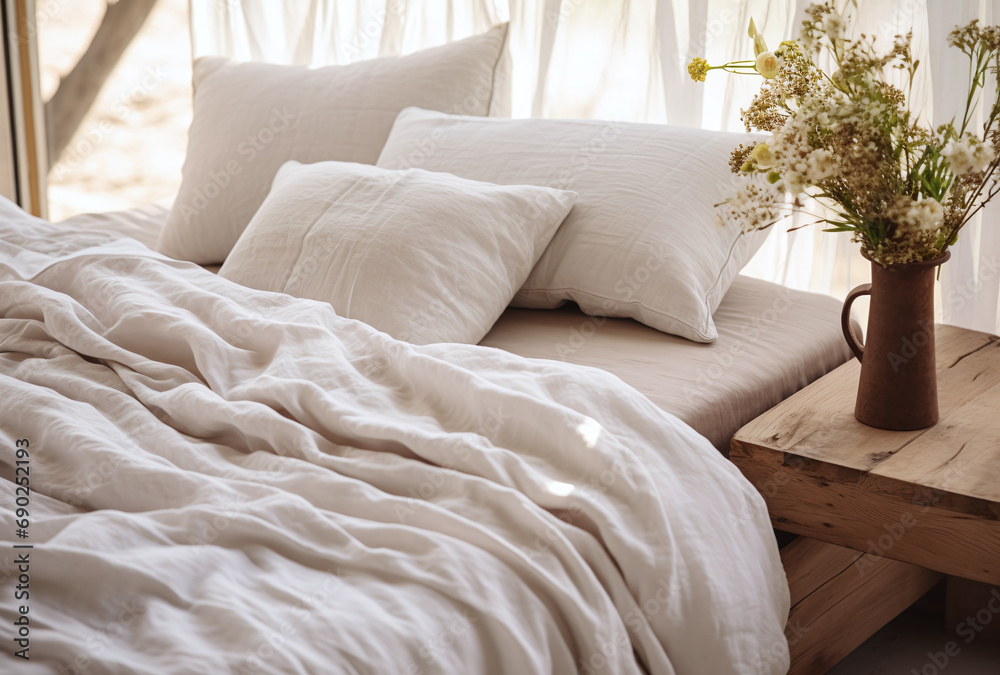 Closeup on a bed with pillows near a small table with a bouquet of flowers Closeup on a bed with pillows near a small table with a bouquet of flowers