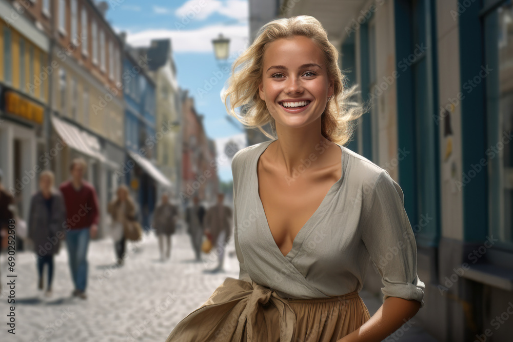 Joyous blonde woman in a bustling street, sunlight highlighting her carefree smile.