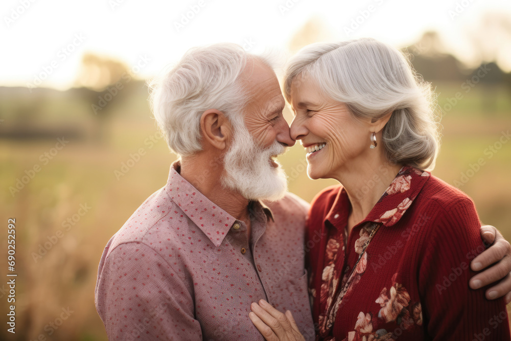 Loving elderly couple sharing a tender moment in a field at dusk, their faces close and joyful.
