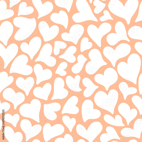 Seamless pattern with romantic white hearts. Trendy peach fuzz color background. Valentine's day, wedding, mother's day background.