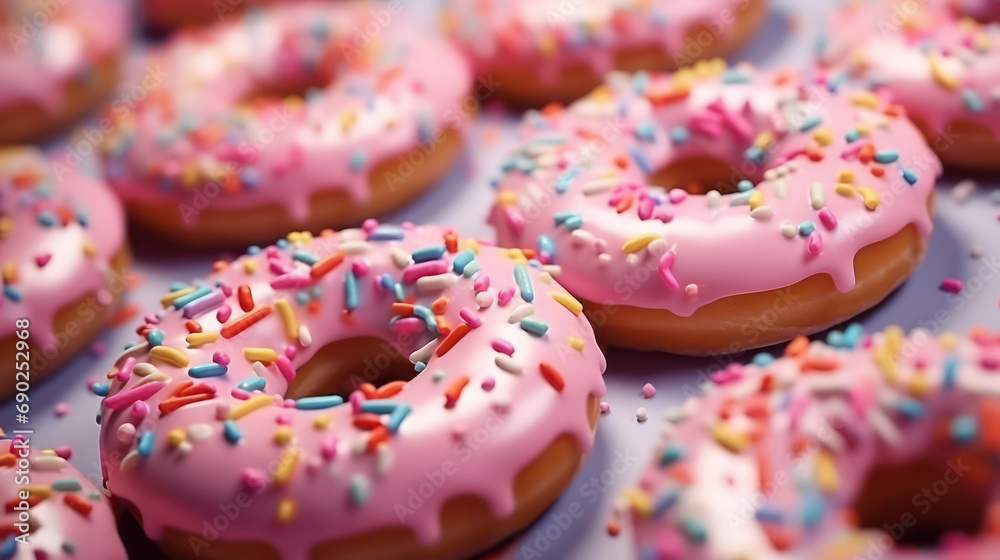 Frosted Glazed colorful icing doughnuts with sprinkles, Sweet tasty American dessert bakery party birthday celebration Frosted Glazed colorful icing doughnuts with sprinkles, Sweet tasty American dessert bakery party birthday celebration