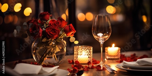 Dining table set with crystal glasses in a romantic restaurant.