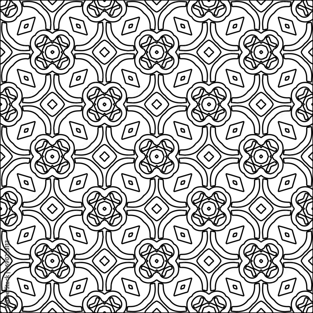 
Black lines on white background.
Wallpaper with figures from lines. Abstract patterns. Black  pattern for web page, textures, card, poster, fabric, textile. Monochrome design. 
