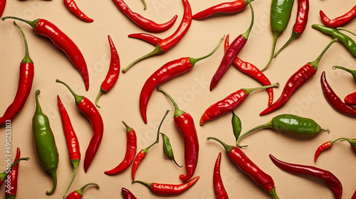 Red Chili pepper pattern. Hot red pepper. Savor the Intense Heat of Hot Chili Peppers. Beige background