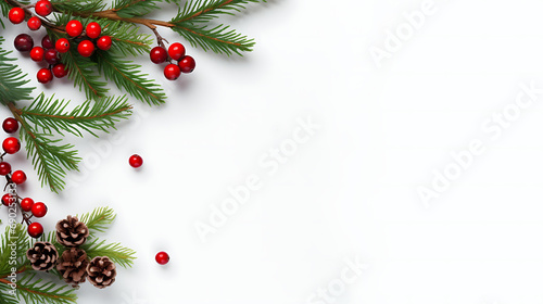 Christmas composition flatlay. Spruce branches, red berries on white background with space for text. Generative Ai