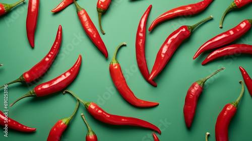 Red Chili pepper pattern. Hot red pepper. Savor the Intense Heat of Hot Chili Peppers. Green background
