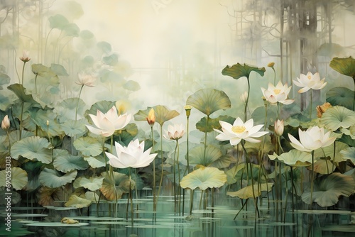 hand-drawn watercolor painting of a beautiful lotus lake. Landscape painting with blooming lotus flowers, pink petals, buds, large leaves, aquatic plants Generative AI photo