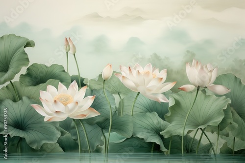 hand-drawn watercolor painting of a beautiful lotus lake. Landscape painting with blooming lotus flowers, pink petals, buds, large leaves, aquatic plants Generative AI