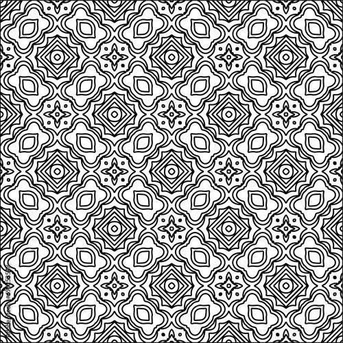  Black lines on white background. Wallpaper with figures from lines. Abstract patterns. Black pattern for web page, textures, card, poster, fabric, textile. Monochrome design. 