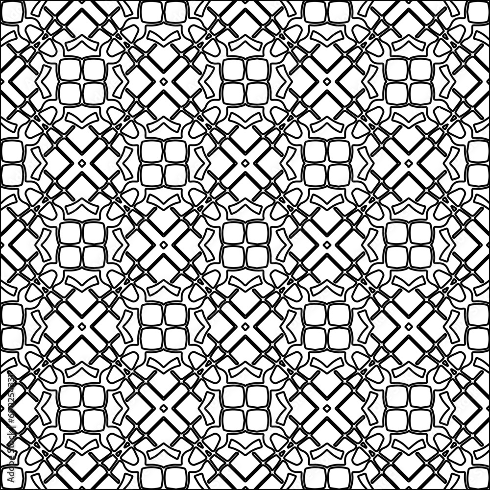 Black lines on white background.
Wallpaper with figures from lines. Abstract patterns. Black  pattern for web page, textures, card, poster, fabric, textile. Monochrome design. 