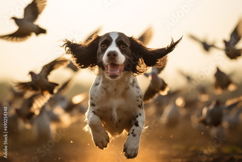 Happy hunting dog of spaniel breed chasing wild flying birds at nature