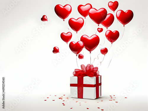 White gift box with red hearts. Copy space.