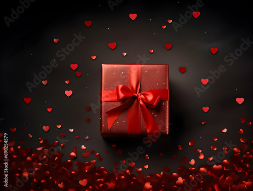 Red gift box with ribbon and hearts on the black background,top view. Happy Valentine's Day banner.