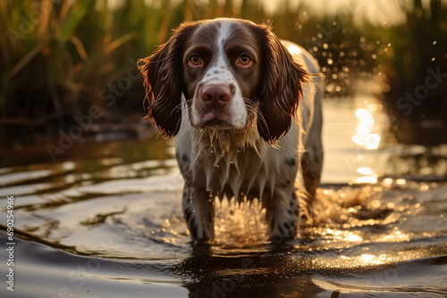 Hunting dog of spaniel breed seeking ducks in the water of lake