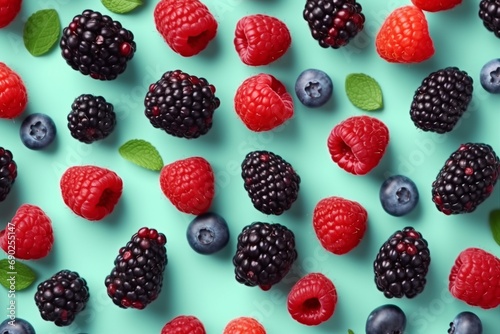 Colorful fruit pattern of wild berries on blue background. Raspberries  blueberries and blackberries. Top view. Flat lay. generative ai.