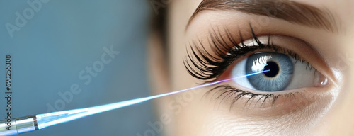 Human eye with a laser beam directed onto it, precision and high-technology involved in corrective vision procedures, neutral background with copy space.