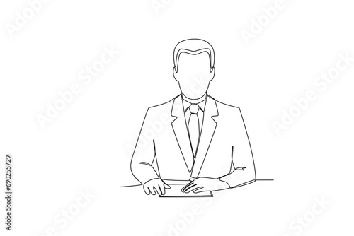Continuous one line drawing TV news anchorman. News anchor broadcasting the news with a reporter live on screen. Journalist or reporter holding microphone. Single line draw design vector illustration.
