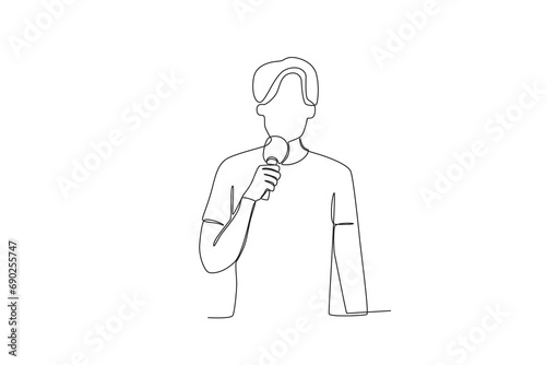A continuous one-line image of a TV news anchor. The news anchor broadcasts the news with the reporter live on screen. with the male anchor reading the news in the field. Journalist or reporter holdin