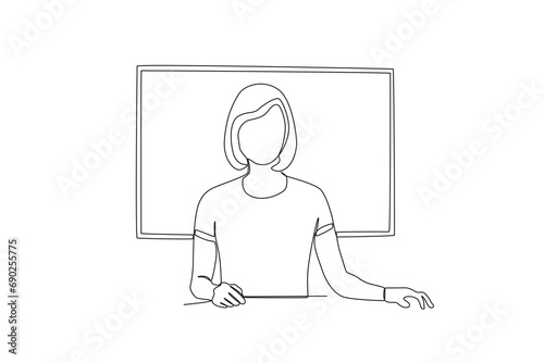 A continuous one-line image of a TV news anchor. The news anchor broadcasts the news with the reporter live on screen. with the News anchor is reading the news. Journalist or reporter holding a microp