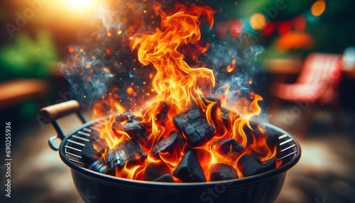 Fire Flames Burning On Black Coal - Barbecue Grill Concept - Abstract Defocused Background
