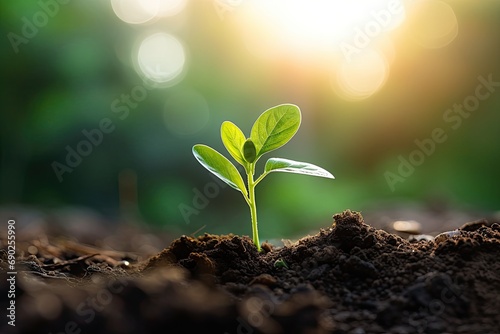 Little young plant prouting from the soil, representing growth and new beginnings. Generative AI photo