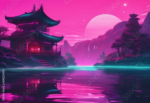 AI generated illustration of a traditional Asian building stands out against lush purple mountains