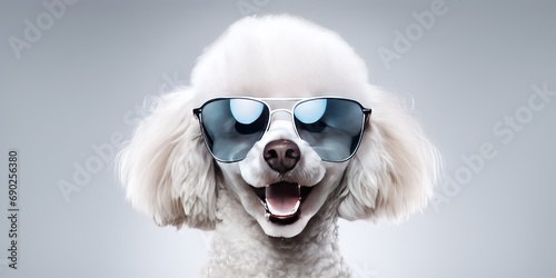 White poodle dog breed wear sunglasses smile and happiness. Generative ai © AI Farm