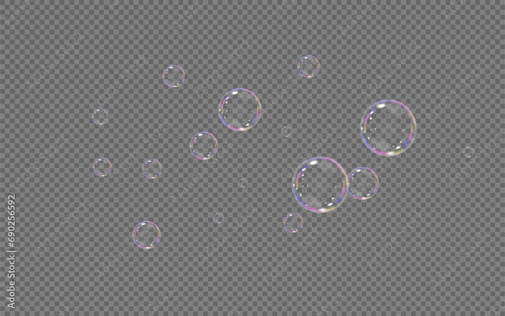 Realistic soap vector bubbles png isolated on transparent background. The effect of falling and flying bubbles. Glass bubble effect.	
