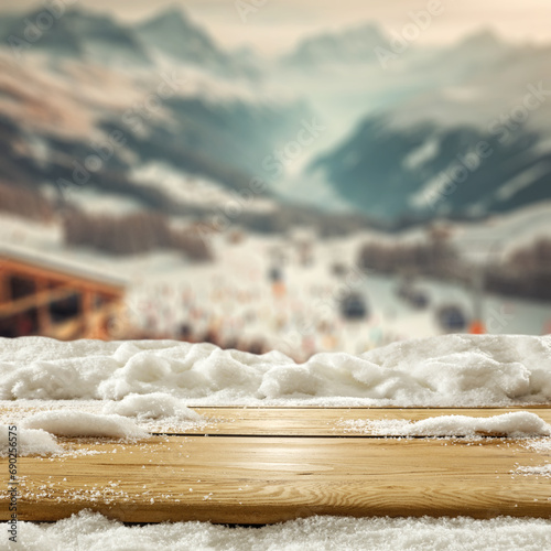 Desk of free space cover of snow and frost with blurred landscape of mountains in Alps.  © magdal3na