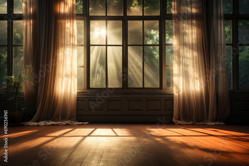 Sunset Glow through Darkened Drapes in Vacant Space