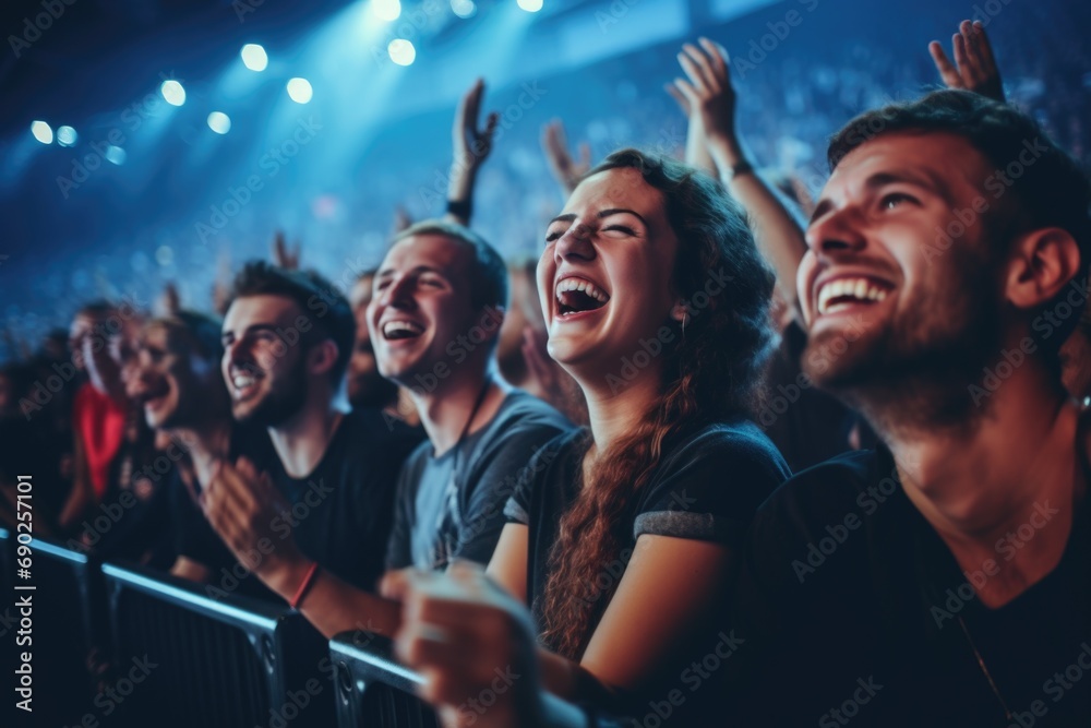 A group of people sitting in a crowd at a concert. Suitable for event promotions and live music advertisements - obrazy, fototapety, plakaty 