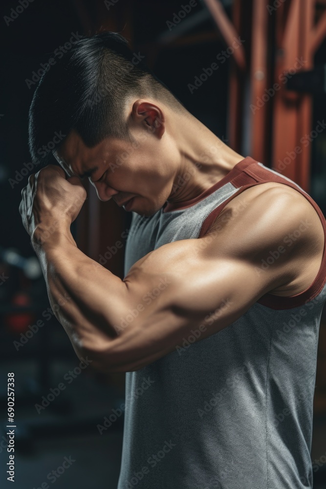 Fototapeta premium A man wearing a gray tank top raises his arm above his head. This image can be used to depict fitness, exercise, strength, or stretching