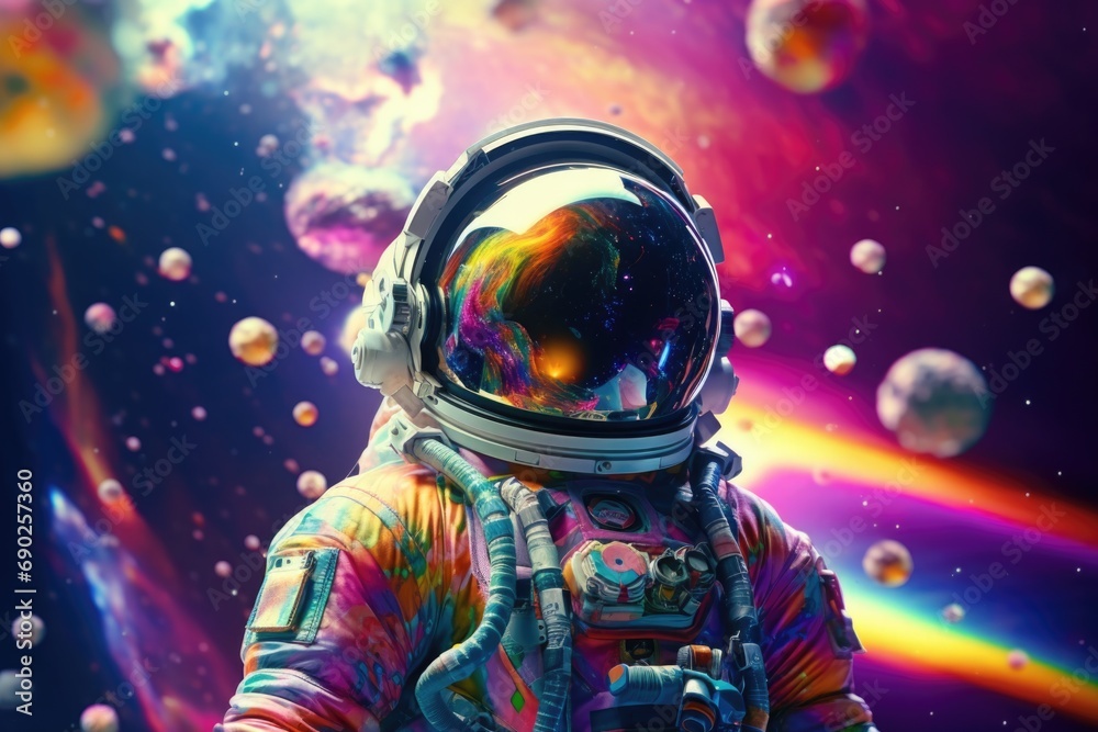 A man wearing a space suit stands in front of a vibrant and colorful background. This image can be used to depict space exploration, futuristic technology, or the concept of adventure A man wearing a space suit stands in front of a vibrant and colorful background. This image can be used to depict space exploration, futuristic technology, or the concept of adventure