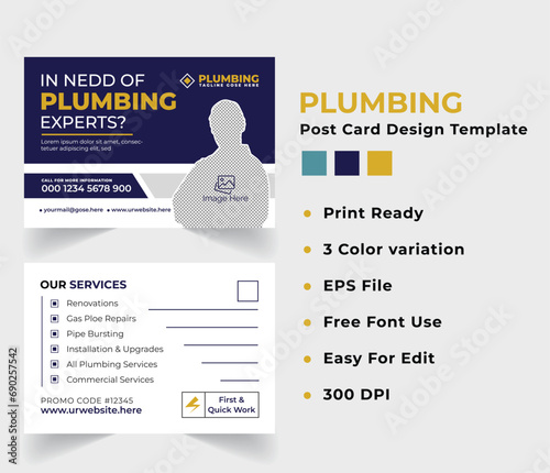 Plumbing Post Card Design Template.