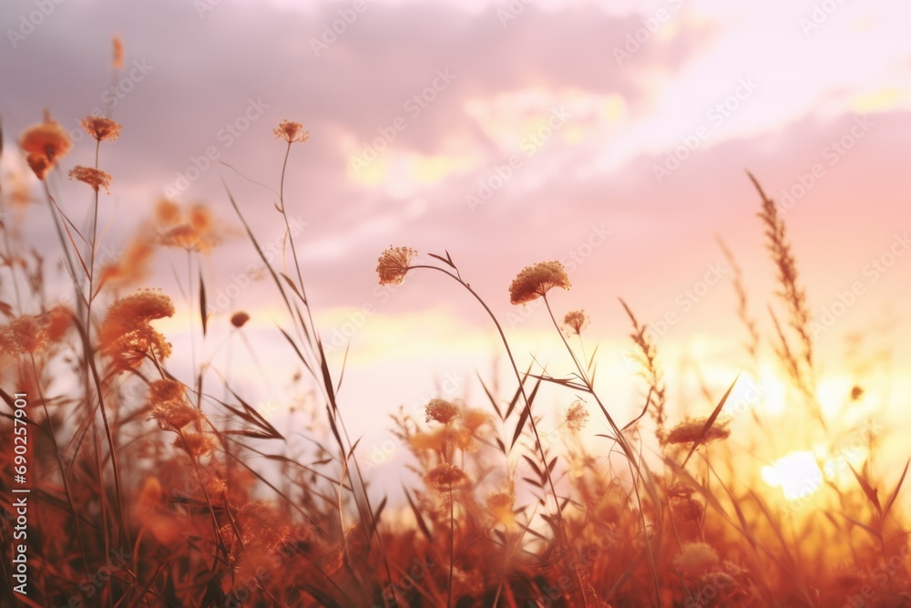 A picturesque sunset over a field of tall grass. Perfect for nature and landscape themes.