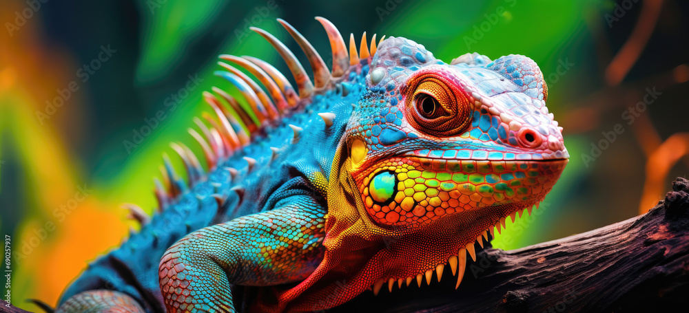 Multicolored iguana on a branch, detailed scales in focus with a bokeh background of greens and oranges.