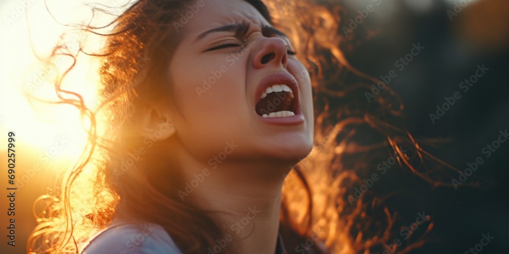 A woman with her mouth open and her hair blowing in the wind. Perfect for conveying a sense of freedom and excitement.