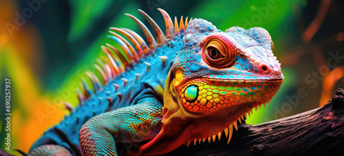 Multicolored iguana on a branch, detailed scales in focus with a bokeh background of greens and oranges.