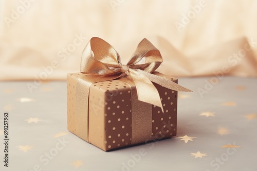 A brown gift box with a gold bow, perfect for any occasion. This image can be used to represent the act of giving or receiving gifts