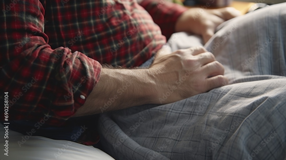 Close-up shot of a person sitting on a bed. Versatile image suitable for various themes and concepts Close-up shot of a person sitting on a bed. Versatile image suitable for various themes and concepts