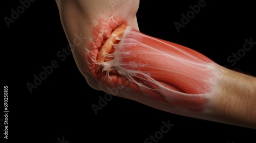 A close-up image of a man's hand with a piece of muscle on it. This picture can be used to depict strength, fitness, and the human body