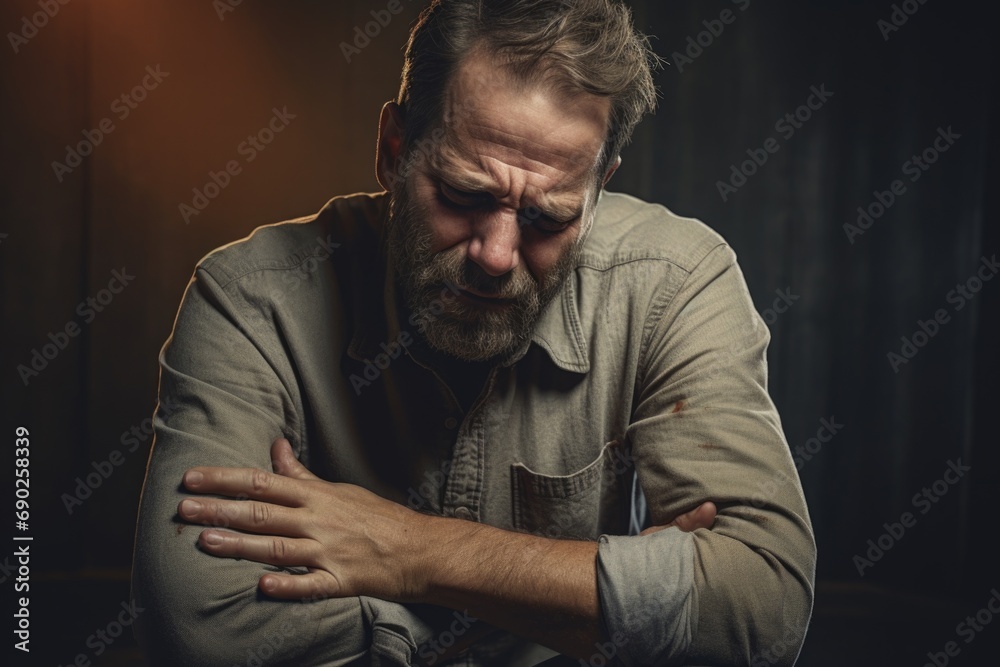 A man with a beard sitting down, his arms crossed. Suitable for business, casual or lifestyle concepts