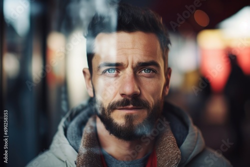 A close-up photograph of a man with a beard. This image can be used to portray masculinity, fashion, grooming, or a trendy lifestyle