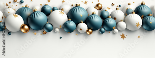 Modern Christmas Design  Close-up Illustration of Blue  White and Golden Christmas Balls with Glitter on White Background and Festive Frame.