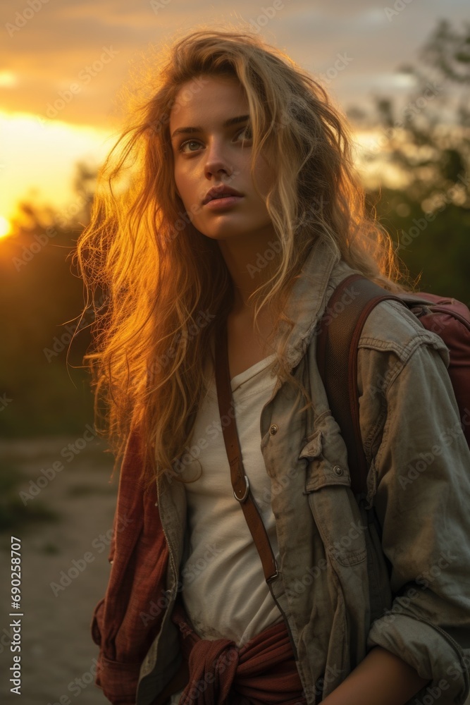 A woman with a backpack stands on a dirt road. This image can be used to depict adventure, travel, or exploration A woman with a backpack stands on a dirt road. This image can be used to depict adventure, travel, or exploration