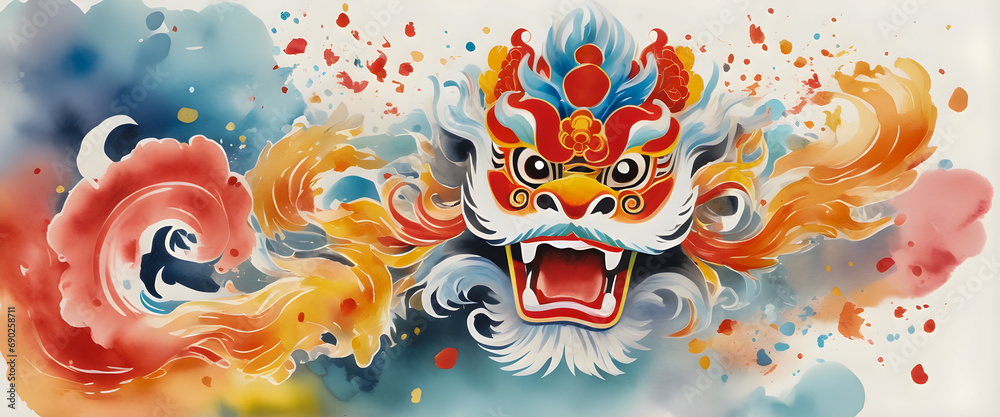 Intense and dynamic Chinese lion dance illustration, watercolor painting, New Year celebration, Generative Ai